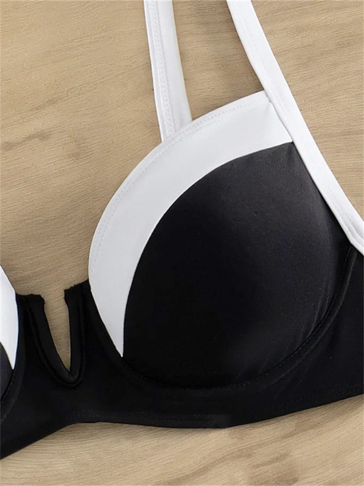 Sexy Black White Patchwork Bikini 2024 Women Halter V Underwire Push Up Micro Swimsuit Beach Bathing Suit High Waist Swimwear - -