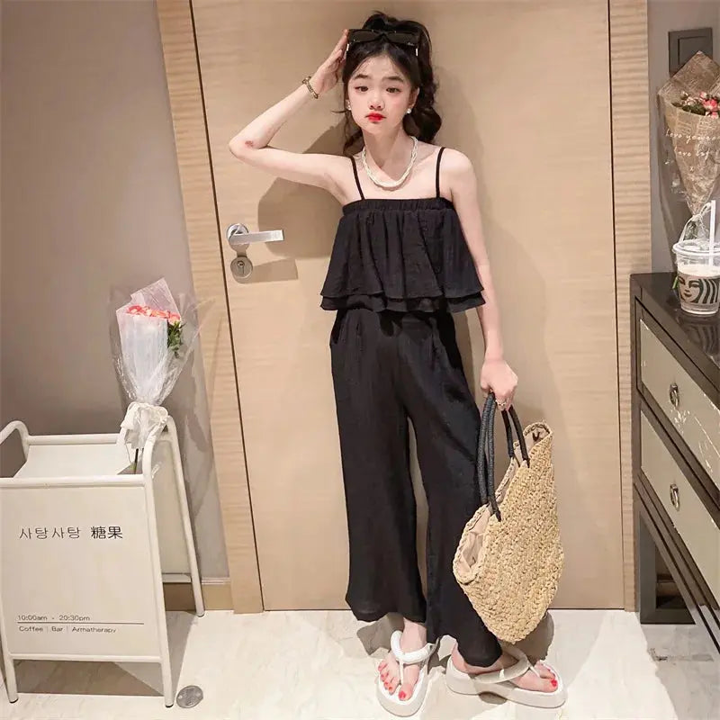 Girls Sleeveless Top and Wide Leg Pant Set Black CHINA