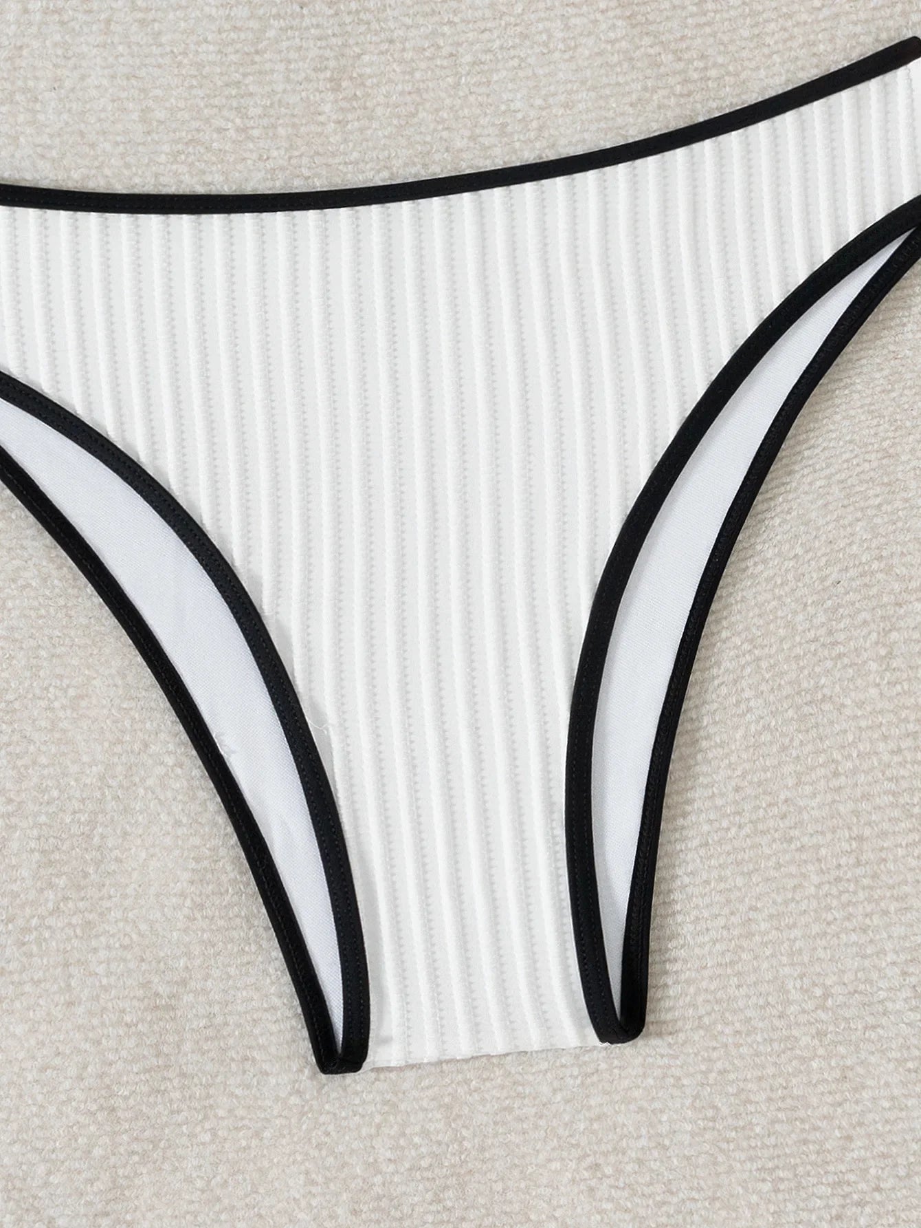 2025 Rib Piping Bandeau High-Rise Bottoms Bikini Set Trendy Beachwear Straight Neckline High Rise Swimwear Swimsuit Bathing Suit - -