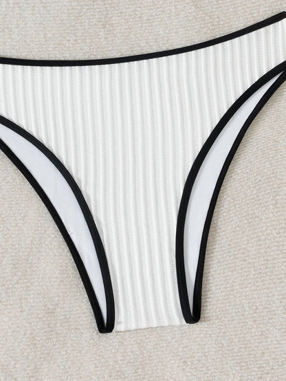 2025 Rib Piping Bandeau High-Rise Bottoms Bikini Set Trendy Beachwear Straight Neckline High Rise Swimwear Swimsuit Bathing Suit - -