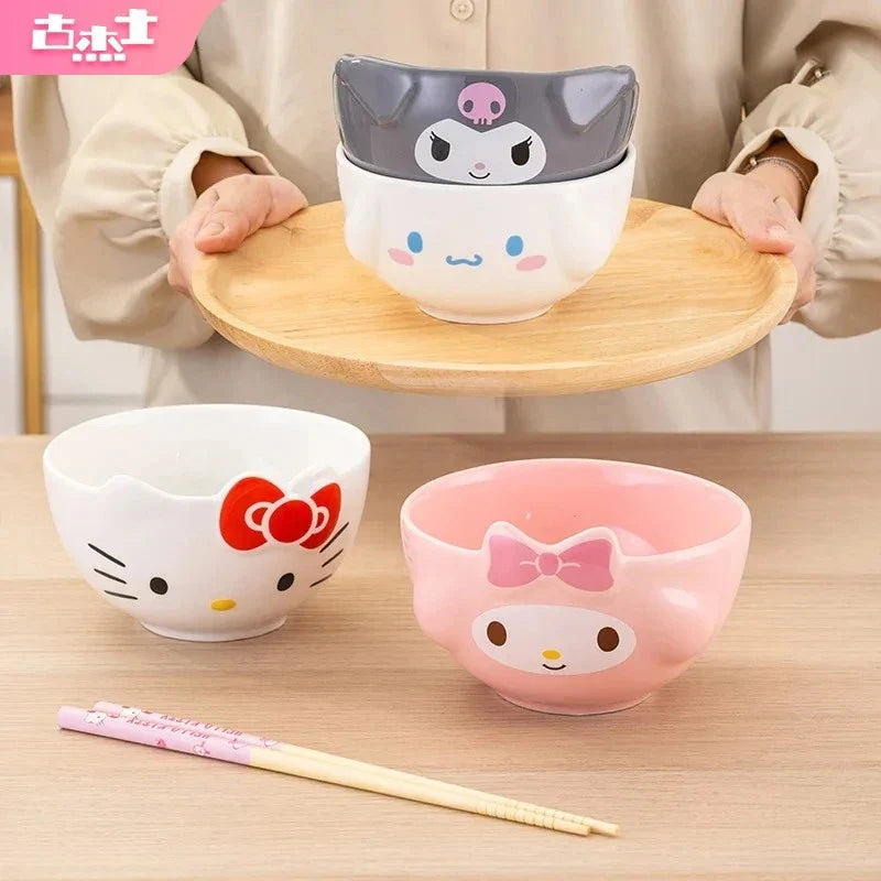 For Sanrio 5Inches Ceramic Rice Bowls Home Cute for Melody& Cinnamoroll& Kuromi Tableware Cartoon Anime Relief Bowl for Children - -