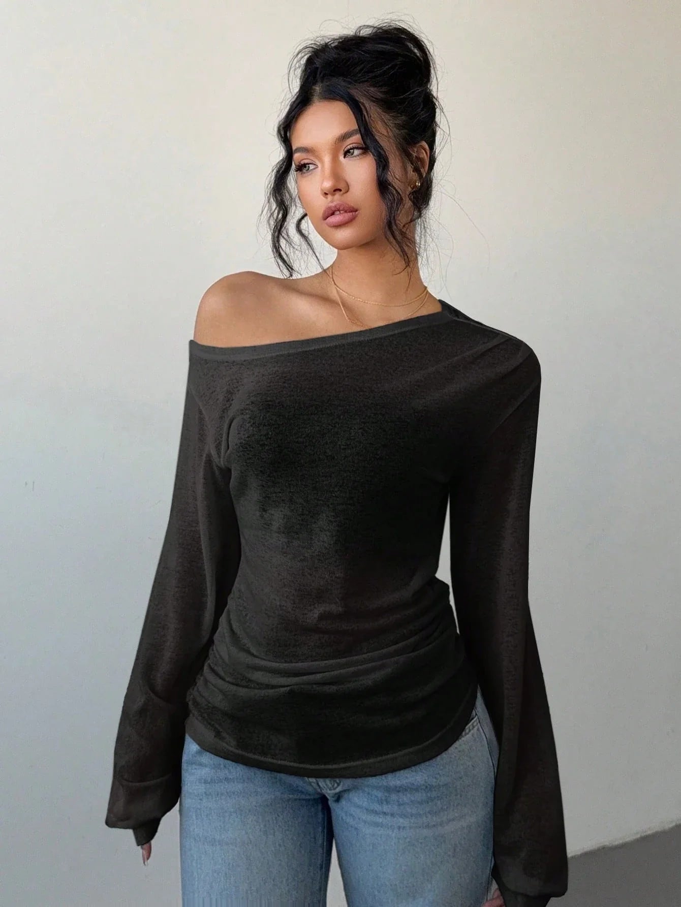 Women's Casual Solid Color Slope Collar Long Sleeved T-Shirt Loose Slouchy Style See-Through Off The Shoulder Top - -