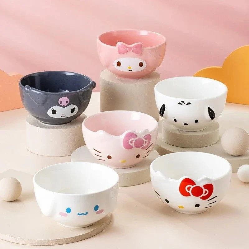 For Sanrio 5Inches Ceramic Rice Bowls Home Cute for Melody& Cinnamoroll& Kuromi Tableware Cartoon Anime Relief Bowl for Children - -