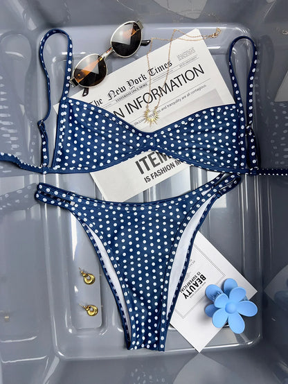 Sexy Coffee Polka Dot Print Bikini Set 2026 Women Pleate Push Up Bra Hollow Out Thong Swimsuit Summer Pool Bathing Suit Swimwear - -