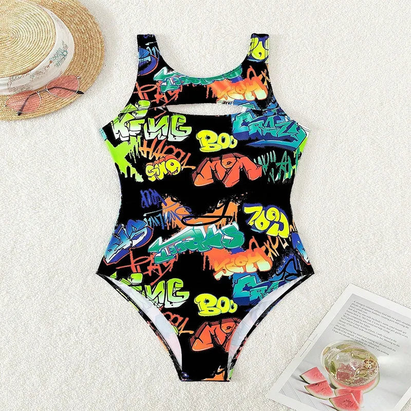 Vintage Yellow Abstract Print One Piece Swimsuit 2024 Women Hollow Out Holiday Bathing Suit Tummy Control Swimwear Beachwear - -