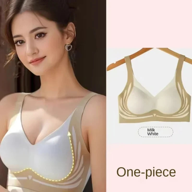 Push-Up Bra Women Seamless Ladies Underwear V-neck No Steel Ring Adjustable Comfortable Thin Top Bra Breathable Gathered - -