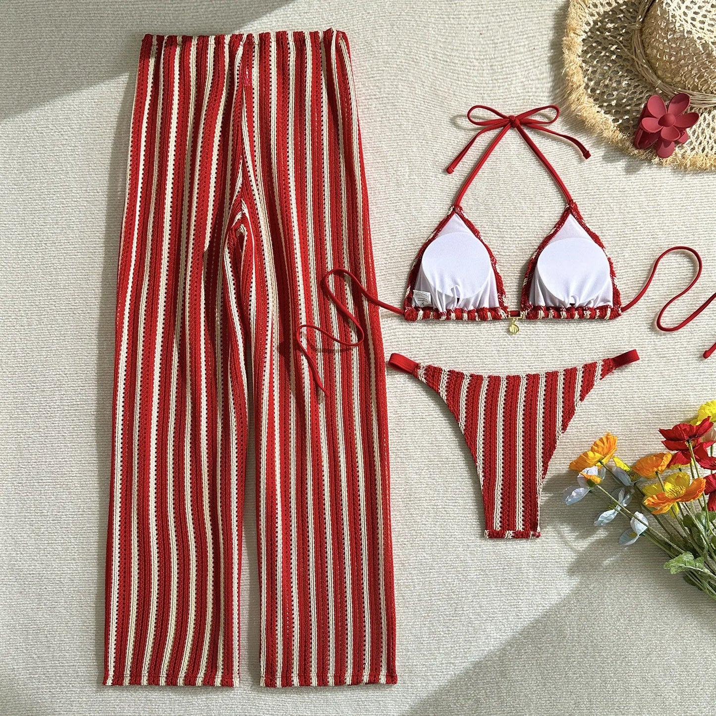 Vintage Red Striped Bikini Set 2026 Women Drawstring Long Panties 3 Piece Swimsuit Beach Holiday Bathing Suit Thong Swimwear - -