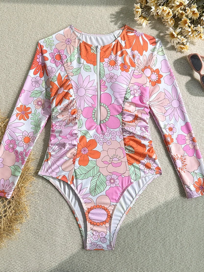 Vintage Pink Floral Print Swimwear Women 2026 Front Zipper Long Sleeve Sunscreen One Piece Swimsuit Bathing Suit Surf Monokini - -