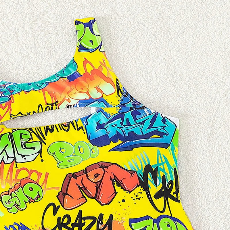 Vintage Yellow Abstract Print One Piece Swimsuit 2024 Women Hollow Out Holiday Bathing Suit Tummy Control Swimwear Beachwear - -