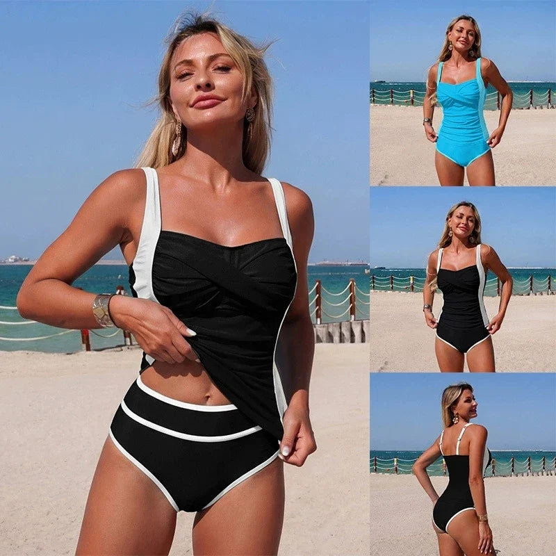 Vintage Black White Patchwork Bikini Set 2026 Women Pleate Slim Cross Tank Top High Waist Swimsuit Beach Bathing Suit Swimwear - -
