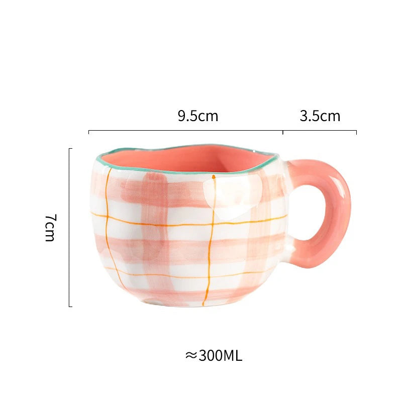 Hand Pinched Flower Ceramic Mug 301-400ml Pink grid