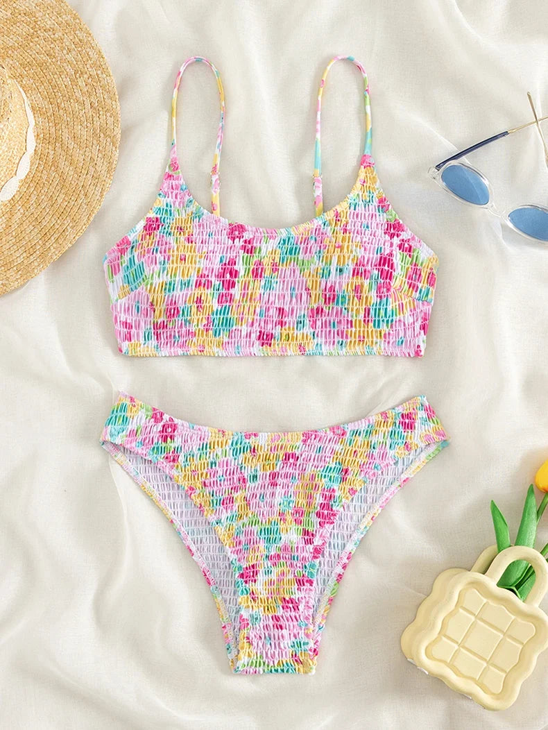 Sexy Pink Floral Print Bikini Set 2024 Women Halter Pleate Push Up High Waist Swimsuit Brazilian Bathing Suit Two Piece Swimwear - -