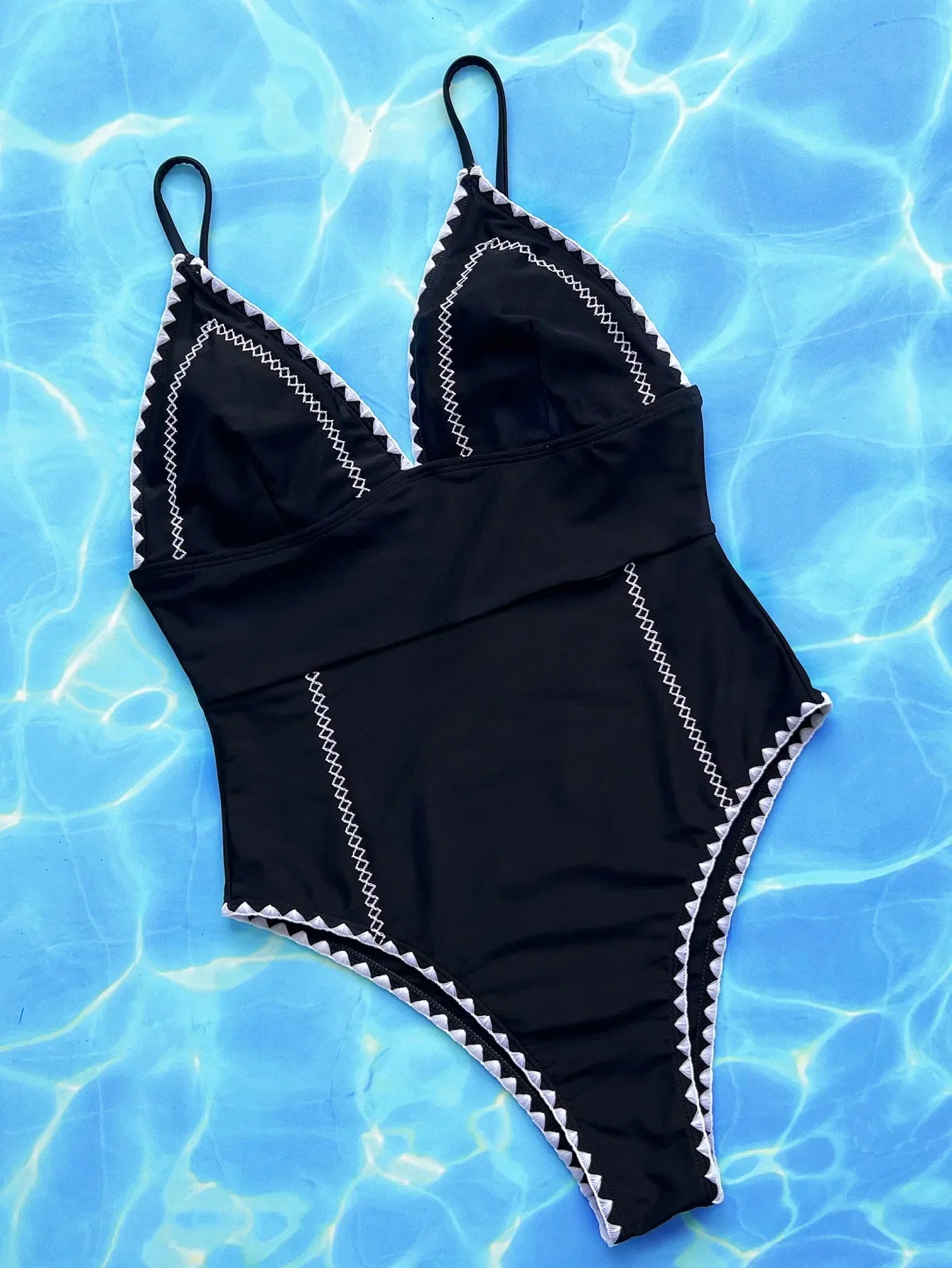 Black Knite One Piece Swimwear with Chest 2026 Women Patchwork V Neck Push Up Tummy Control Swimwear Beach Bathing Suit Monokini - -