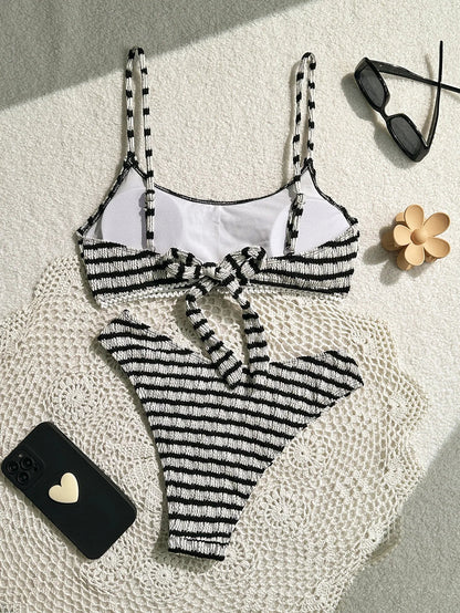 Sexy Black Striped Bikinis 2025 Women Halter Pleate Push Up Micro Swimsuit Brazilian Beach Bathing Suit Holiday Thong Swimwear - -