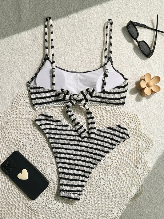 Sexy Black Striped Bikinis 2025 Women Halter Pleate Push Up Micro Swimsuit Brazilian Beach Bathing Suit Holiday Thong Swimwear - -
