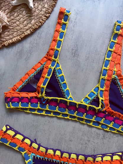 Sexy Black Patchwork Hand Crochet Bikini Set Women 2026 V Neck Push Up Bra Thong Swimsuit Beach Bathing Suit Knitted Swimwear - -