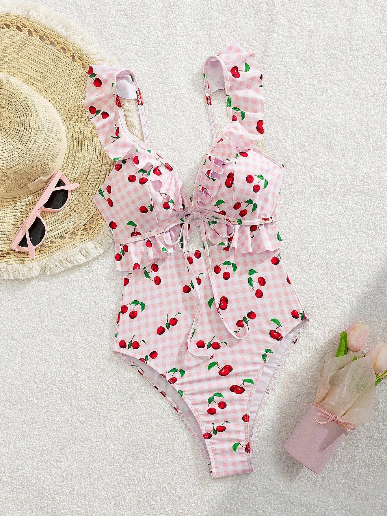 Vintage Pink Starberry Print One Piece Swimsuit 2026 Women Ruffles Bandage Cross High Waist Bikini Beach Bathing Suit Swimwear - -