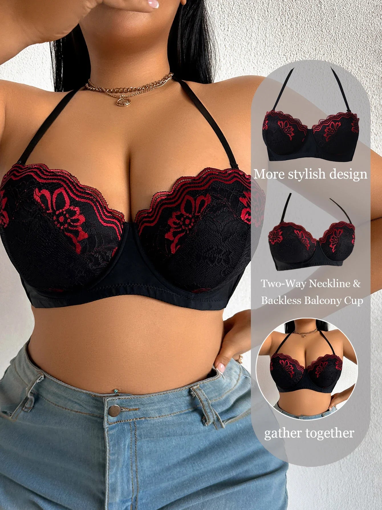 B C D Thin Cup Floral Lace Large Size Bra Side-Breast-Enhancing Silicone Pad Minimizer Push up Comfortable Bra - -