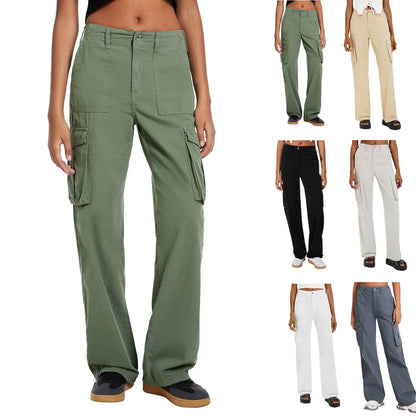 Adjustable Cargo Pants Women Straight Fit Baggy Wide Leg High Waist Pants Pockets Retro Street Style Casual Trousers - -