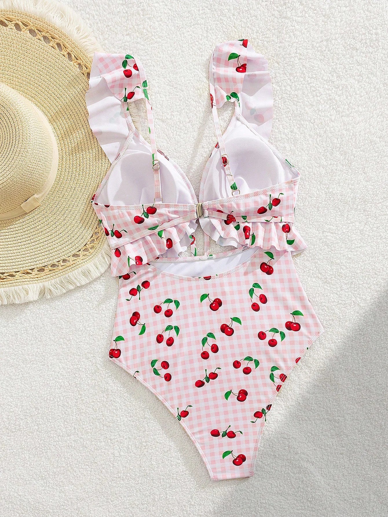 Vintage Pink Starberry Print One Piece Swimsuit 2026 Women Ruffles Bandage Cross High Waist Bikini Beach Bathing Suit Swimwear - -