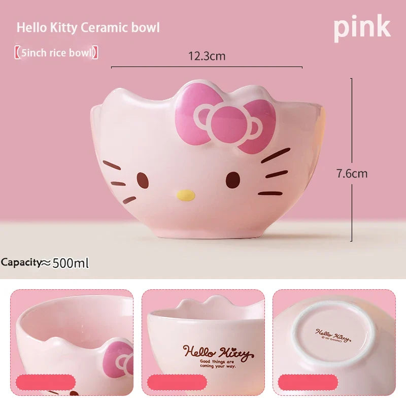 For Sanrio 5Inches Ceramic Rice Bowls Home Cute for Melody& Cinnamoroll& Kuromi Tableware Cartoon Anime Relief Bowl for Children - Hello Kitty Pink -
