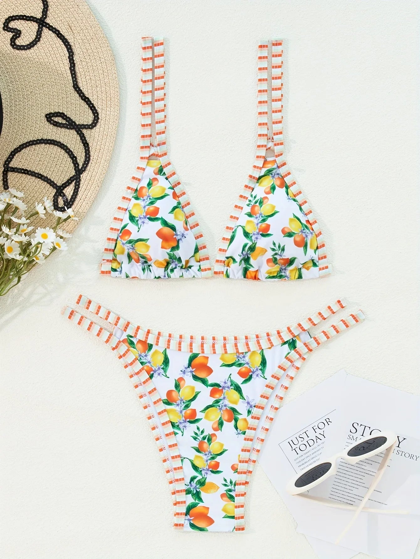 2026 Sexy Orange Print Micro Bikini Women Double Strap Push Up Bra Hollow Out Thong Swimsuit Beach Bathing Suit Holiday Swimwear - -