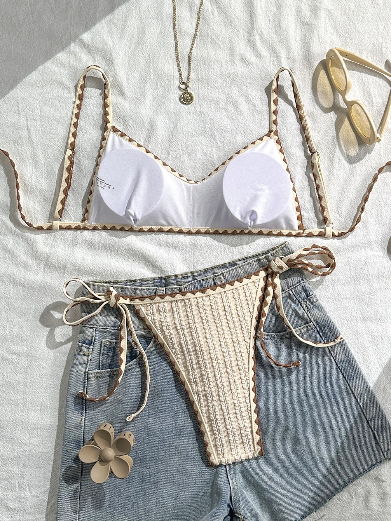 Sexy Triangle Bikini Set 2026 Women Beige Patchwork Pleate Push Up Bra Tie Side Thong Swimsuit Beach Bathing Suit Micro Swimwear - -