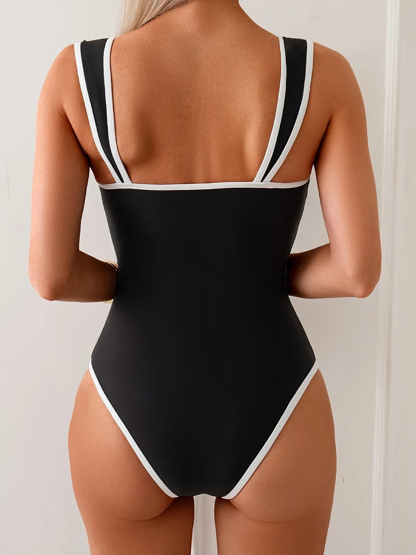 Vintage Black White Contrast Swimwear Women Sexy Push Up Slim Tummy Control One Piece Swimsuit Beach Bathing Suit Pool Monokini - -