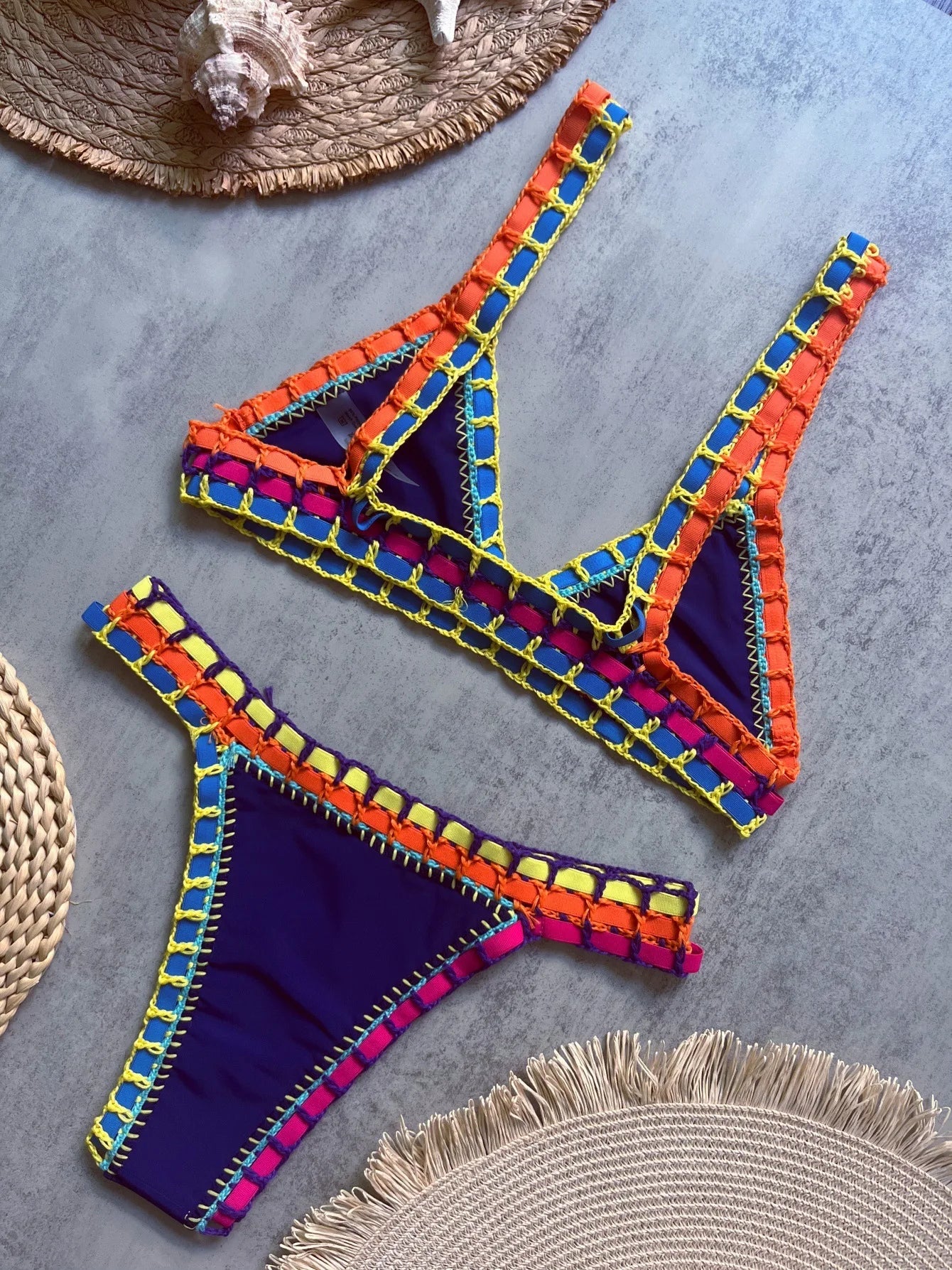 Sexy Black Patchwork Hand Crochet Bikini Set Women 2026 V Neck Push Up Bra Thong Swimsuit Beach Bathing Suit Knitted Swimwear - -