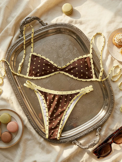 Sexy Coffee Polka Dot Print Bikini Set 2026 Women Pleate Push Up Bra Hollow Out Thong Swimsuit Summer Pool Bathing Suit Swimwear - coffee 1 -
