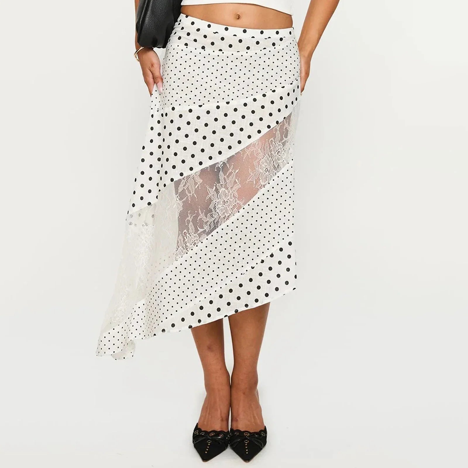 New Irregular Women Lace Flowy Midi Skirt Vintage Low Waist Floral Print Long Skirt Lightweight Summer Sexy Club Party Skirt - -