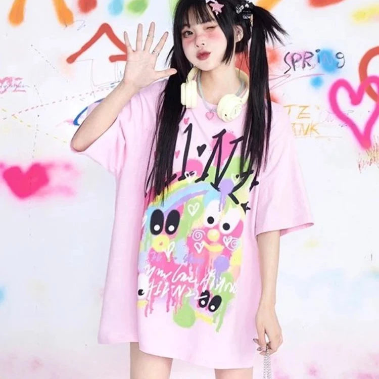 KOSAHIKI Pink Harajuku Graphic T-shirt - -