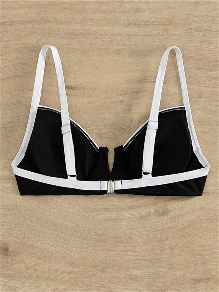 Sexy Black White Patchwork Bikini 2024 Women Halter V Underwire Push Up Micro Swimsuit Beach Bathing Suit High Waist Swimwear - -