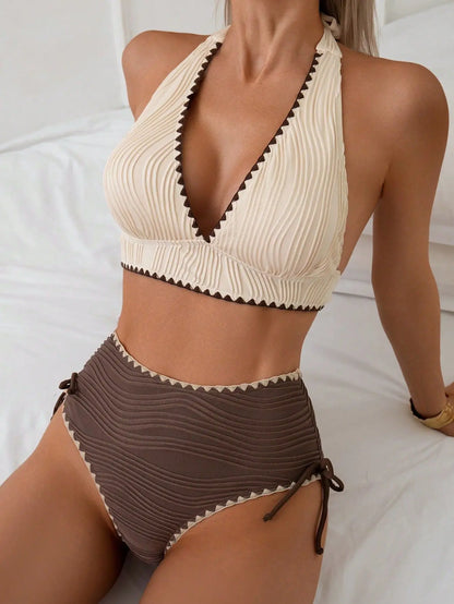 2026 Sexy Khaki Patchwork Two Piece Bikini Set Women Push Up Drawstring Side High Waist Swimsuit Holiday Bathing Suit Swimwear - -