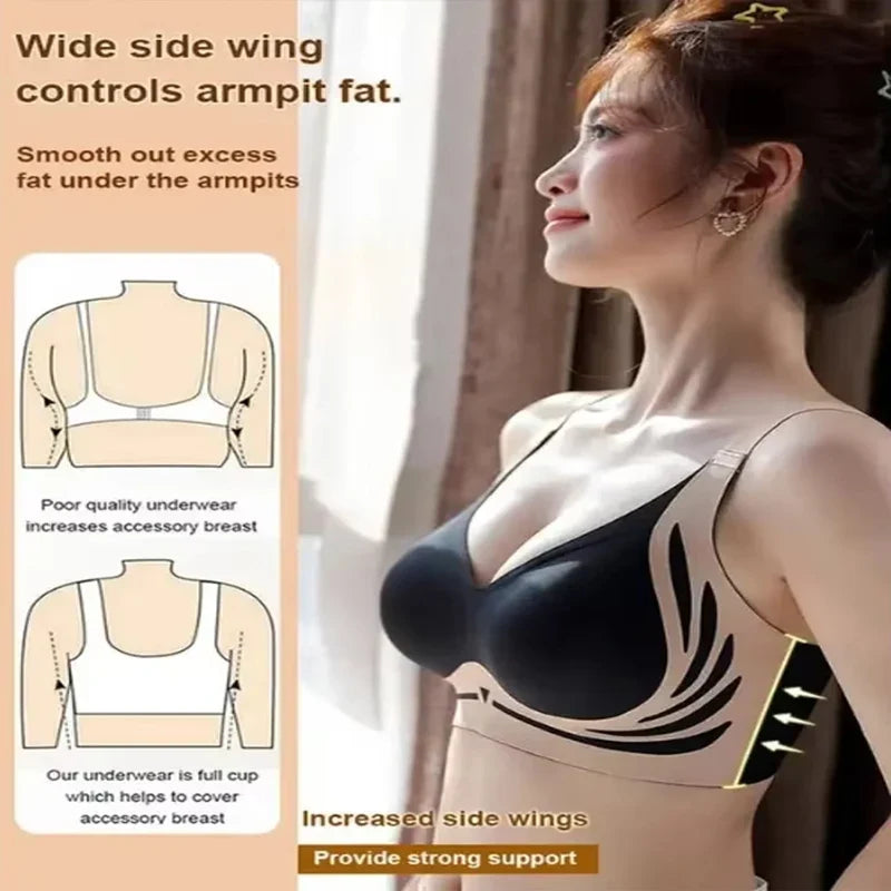 Push-Up Bra Women Seamless Ladies Underwear V-neck No Steel Ring Adjustable Comfortable Thin Top Bra Breathable Gathered - -