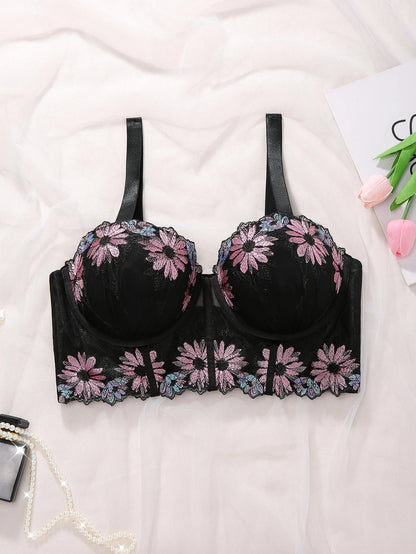 D E Thin Cup Plus Size Bras Lace Embroidered Floral Push up Bra Wide Shoulder Straps Soft Side Support Underwire Bra for Women - -