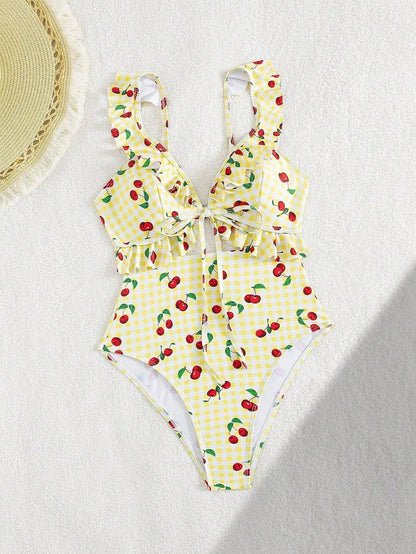 Vintage Pink Starberry Print One Piece Swimsuit 2026 Women Ruffles Bandage Cross High Waist Bikini Beach Bathing Suit Swimwear - -