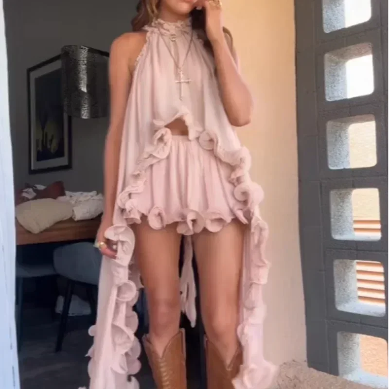 Elegant Ruffle Mini Skirt Set Women Sleeveless Halter Irregular Ruffles Top Mini Loose Short Skirts Sets 2025 Summer Lady Suit - -