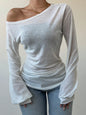 Women's Casual Solid Color Slope Collar Long Sleeved T-Shirt Loose Slouchy Style See-Through Off The Shoulder Top - WHITE -