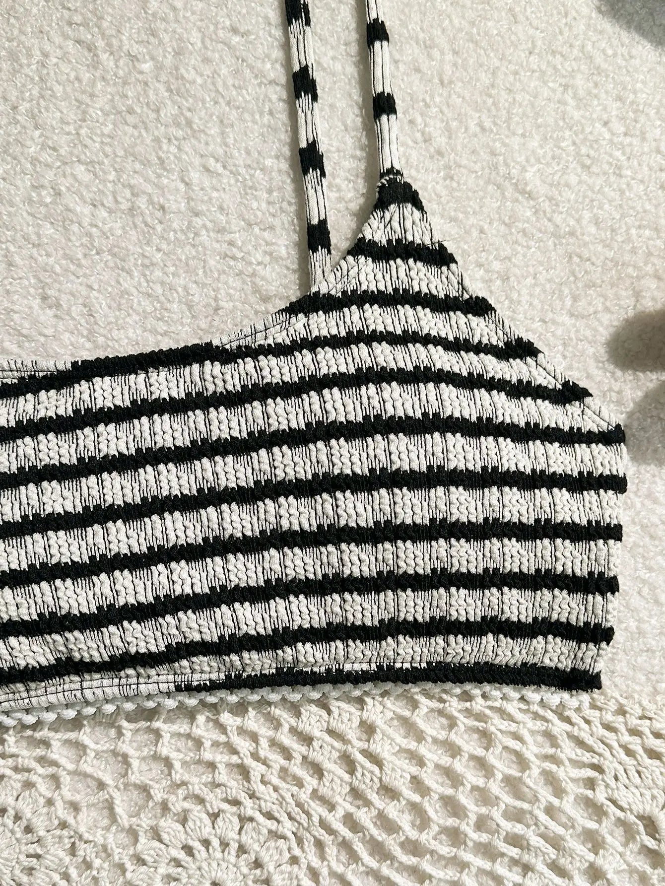 Sexy Black Striped Bikinis 2025 Women Halter Pleate Push Up Micro Swimsuit Brazilian Beach Bathing Suit Holiday Thong Swimwear - -