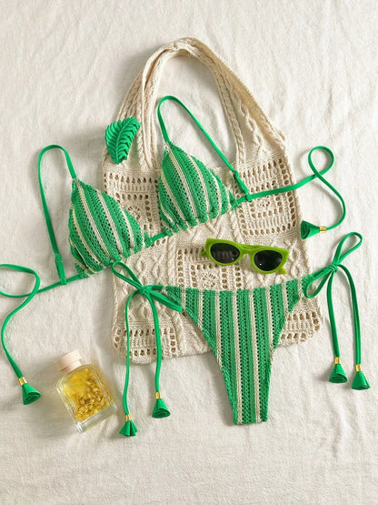 Sexy Orange Striped Bikini Set 2026 Women Halter Push Up Bra Tassel Bandage Thong Swimsuit Summer Holiday Bathing Suit Swimwear - Green -