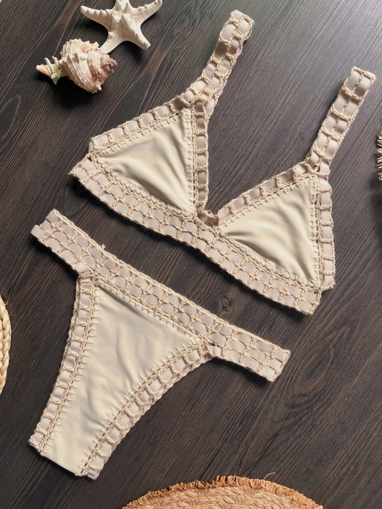 Sexy Black Patchwork Hand Crochet Bikini Set Women 2026 V Neck Push Up Bra Thong Swimsuit Beach Bathing Suit Knitted Swimwear - -