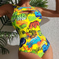 Vintage Yellow Abstract Print One Piece Swimsuit 2024 Women Hollow Out Holiday Bathing Suit Tummy Control Swimwear Beachwear - Yellow -