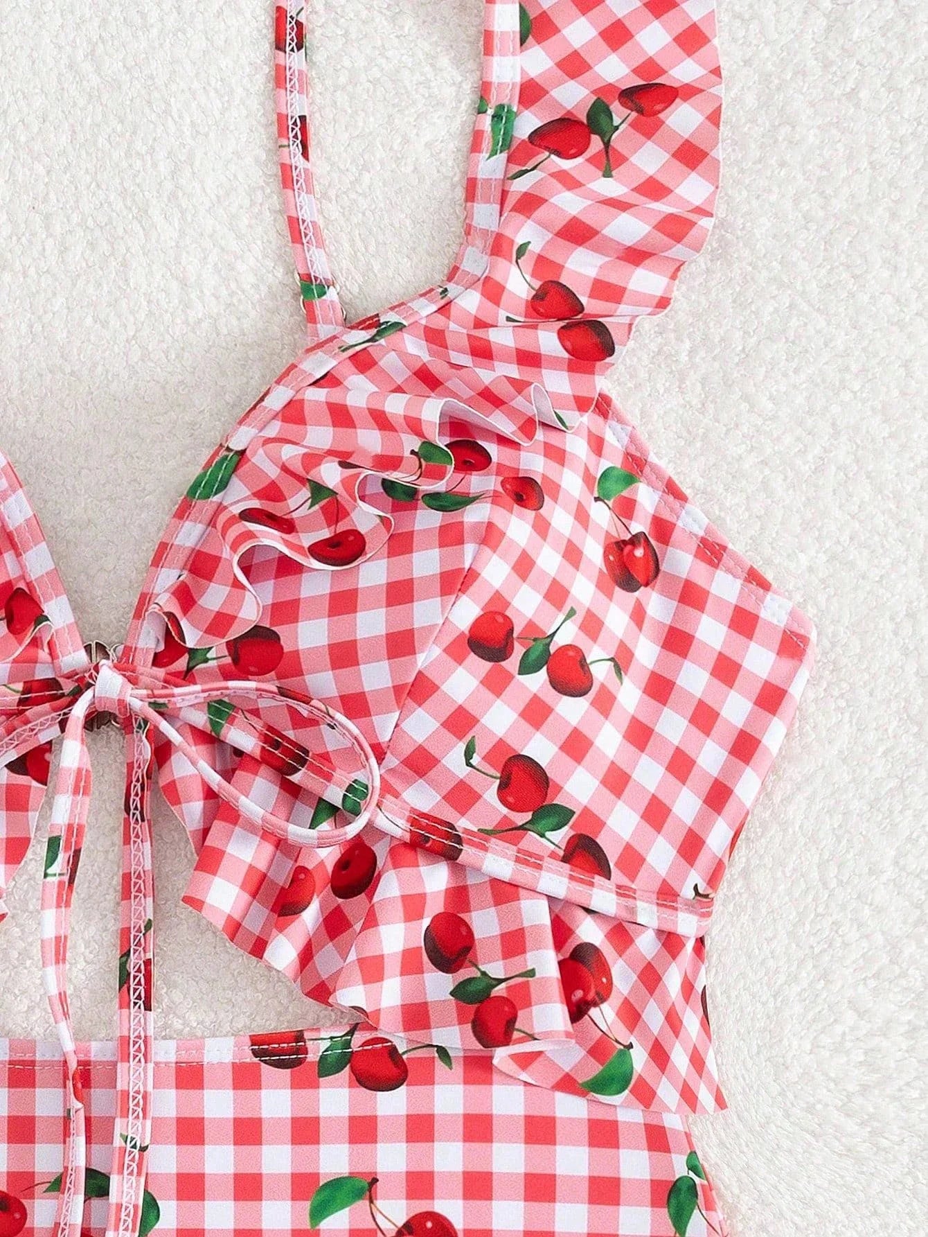 Vintage Pink Starberry Print One Piece Swimsuit 2026 Women Ruffles Bandage Cross High Waist Bikini Beach Bathing Suit Swimwear - -
