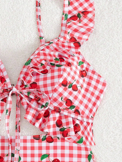 Vintage Pink Starberry Print One Piece Swimsuit 2026 Women Ruffles Bandage Cross High Waist Bikini Beach Bathing Suit Swimwear - -