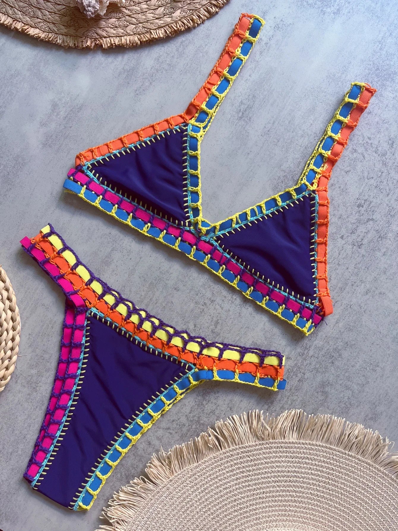Sexy Black Patchwork Hand Crochet Bikini Set Women 2026 V Neck Push Up Bra Thong Swimsuit Beach Bathing Suit Knitted Swimwear - -