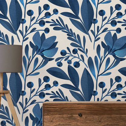 Blue Watercolor Floral Pattern Peel and Stick Wallpaper Kia Day Design