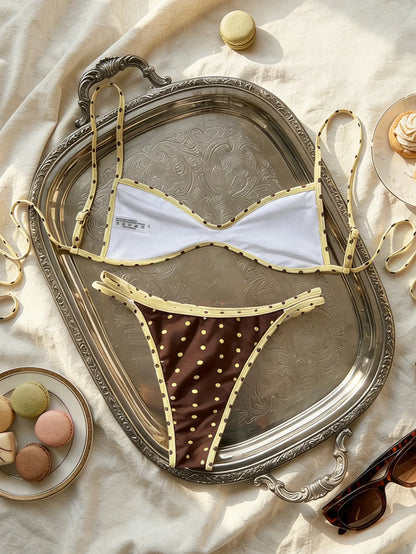 Sexy Coffee Polka Dot Print Bikini Set 2026 Women Pleate Push Up Bra Hollow Out Thong Swimsuit Summer Pool Bathing Suit Swimwear - -