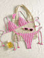 Sexy Orange Striped Bikini Set 2026 Women Halter Push Up Bra Tassel Bandage Thong Swimsuit Summer Holiday Bathing Suit Swimwear - Pink -