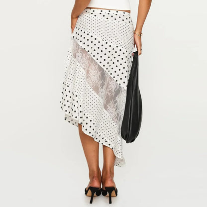 New Irregular Women Lace Flowy Midi Skirt Vintage Low Waist Floral Print Long Skirt Lightweight Summer Sexy Club Party Skirt - -